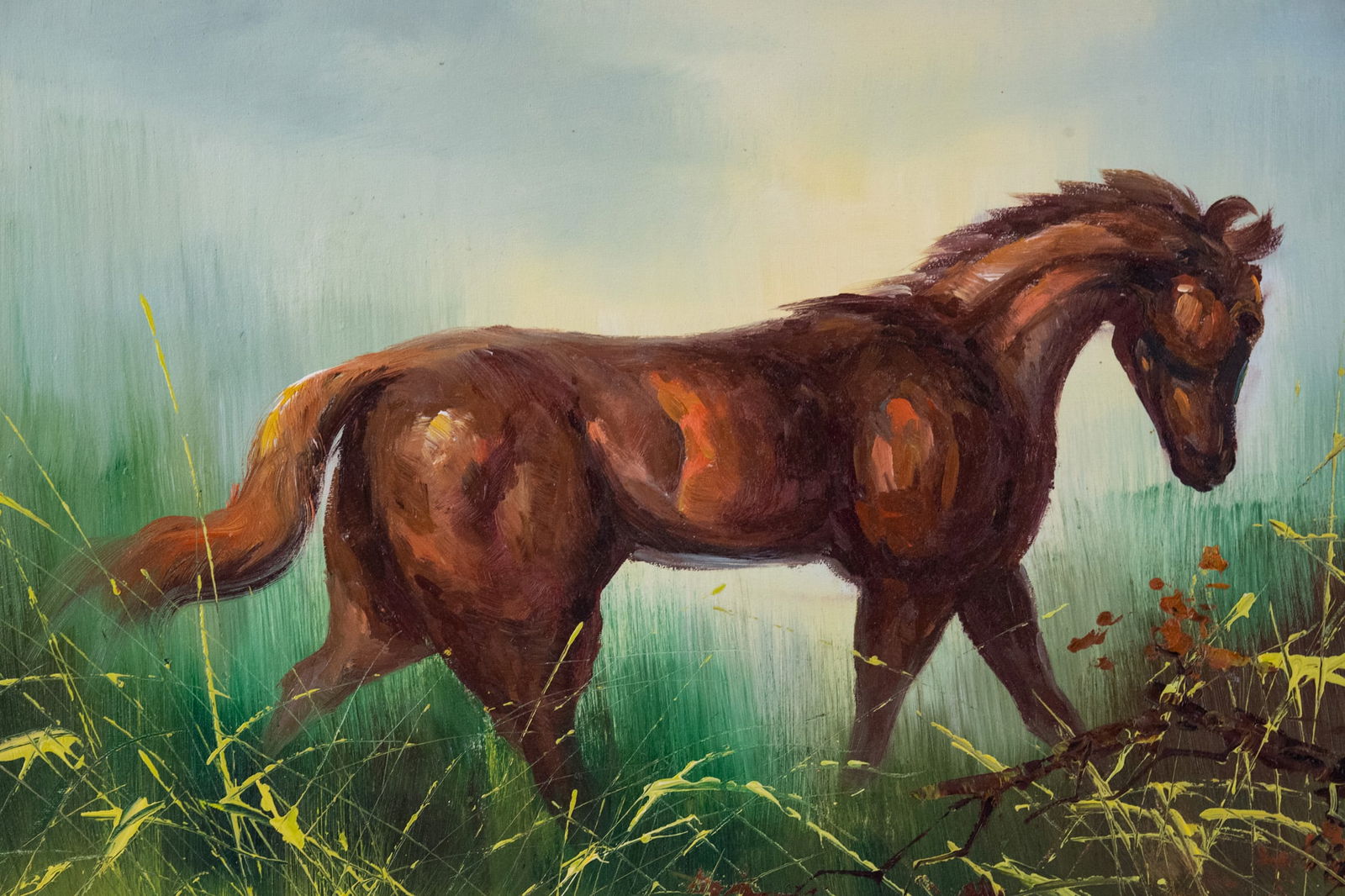 Vintage Scenic Oil On Canvas "Horse": Title: Horse Medium: Oil On Canvas Size: 24 x 36 inches Age: Vintage Condition: Great Overall All Signature: Signed Provenance: Collection From Glen Cove Combined shipping rate available. For affordab