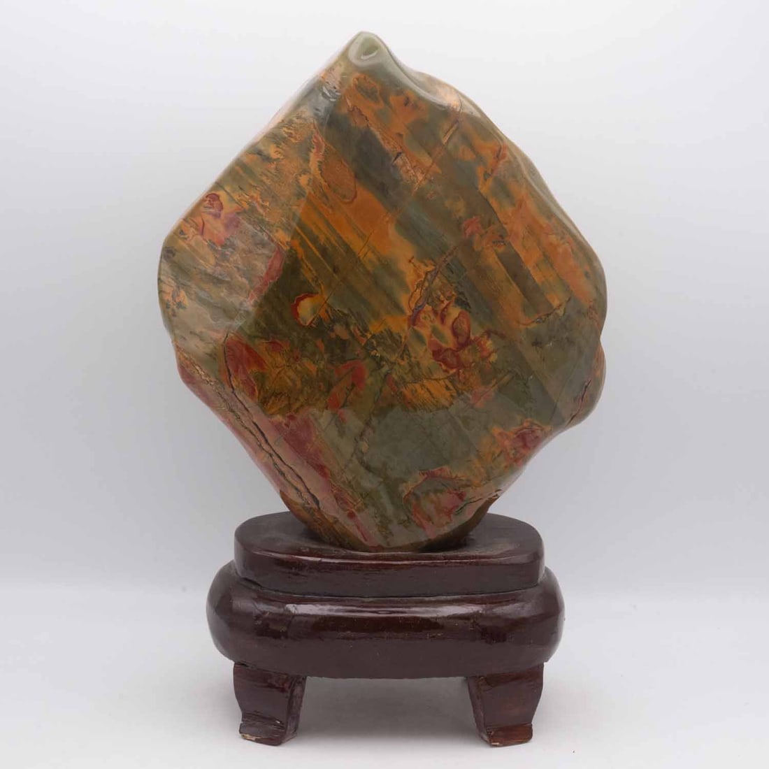 Chinese Multi Color Jasper Scholar's Display Stone: Medium: Multi Color Jasper Size: 7.5x4x11.5 inches Age/Detail: Chinese Condition: great overall, check photo for condition reference. Provenance: Collection from Estate in Williamsburg LiveShipping is