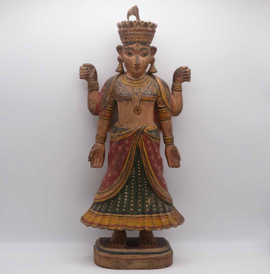 Antique 19th Century South Indian Hindu Wood Goddess Figure: Medium: Wood Size: 6.5x4x15.5 inches Age/Detail: Antique 19th Century South Indian Hindu Condition: crackers, broken parts, check photo for condition reference. Provenance: Collection from Estate in W
