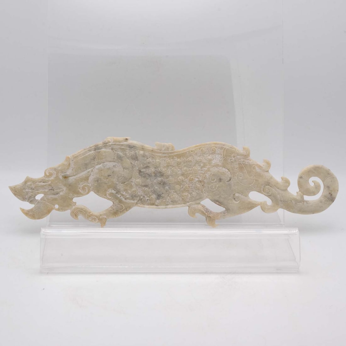 Chinese Late Qing Dynasty Carved Nephrite Jade Dragon Figure: Medium: Nephrite Jade Size: 11.5x3.3x0.4 inches Age/Detail: Chinese Late Qing Dynasty Carved Condition: great overall, repair crackers, check photo for condition reference. Provenance: Collection from