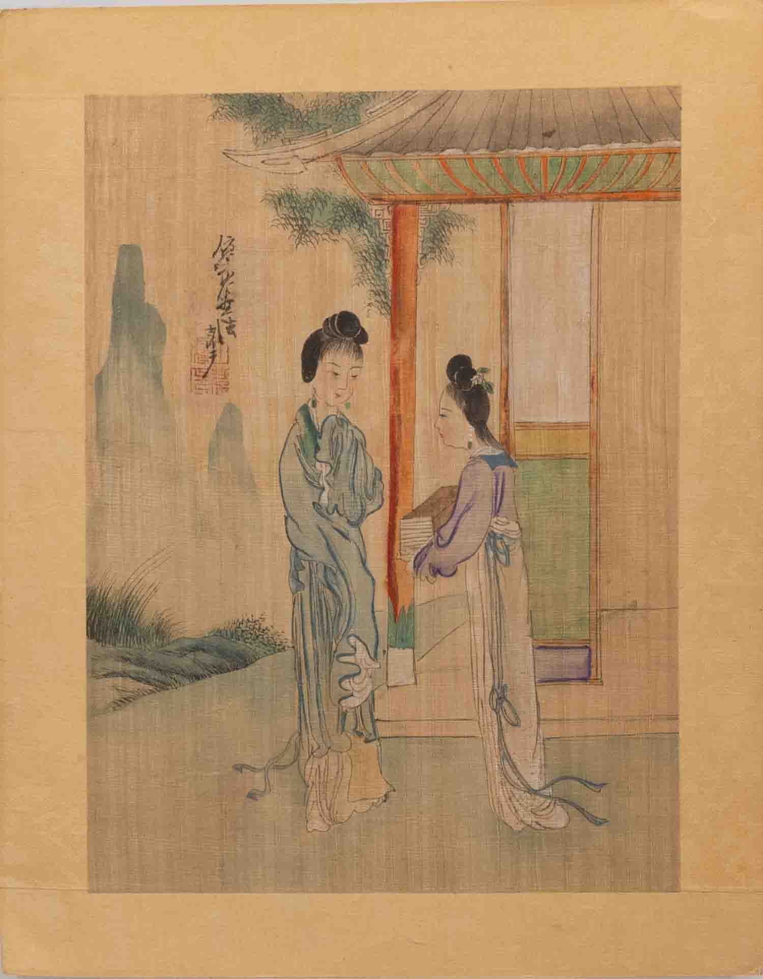 Old Chinese 20th Century Hand Painted Watercolor On Silk Court Ladies: Medium: Watercolor On Silk Size: 8.8x11.2 inches Age/Detail: Old Chinese 20th Century Hand Painted Condition: great overall, check photo for condition reference. Provenance: Collection from Estate in