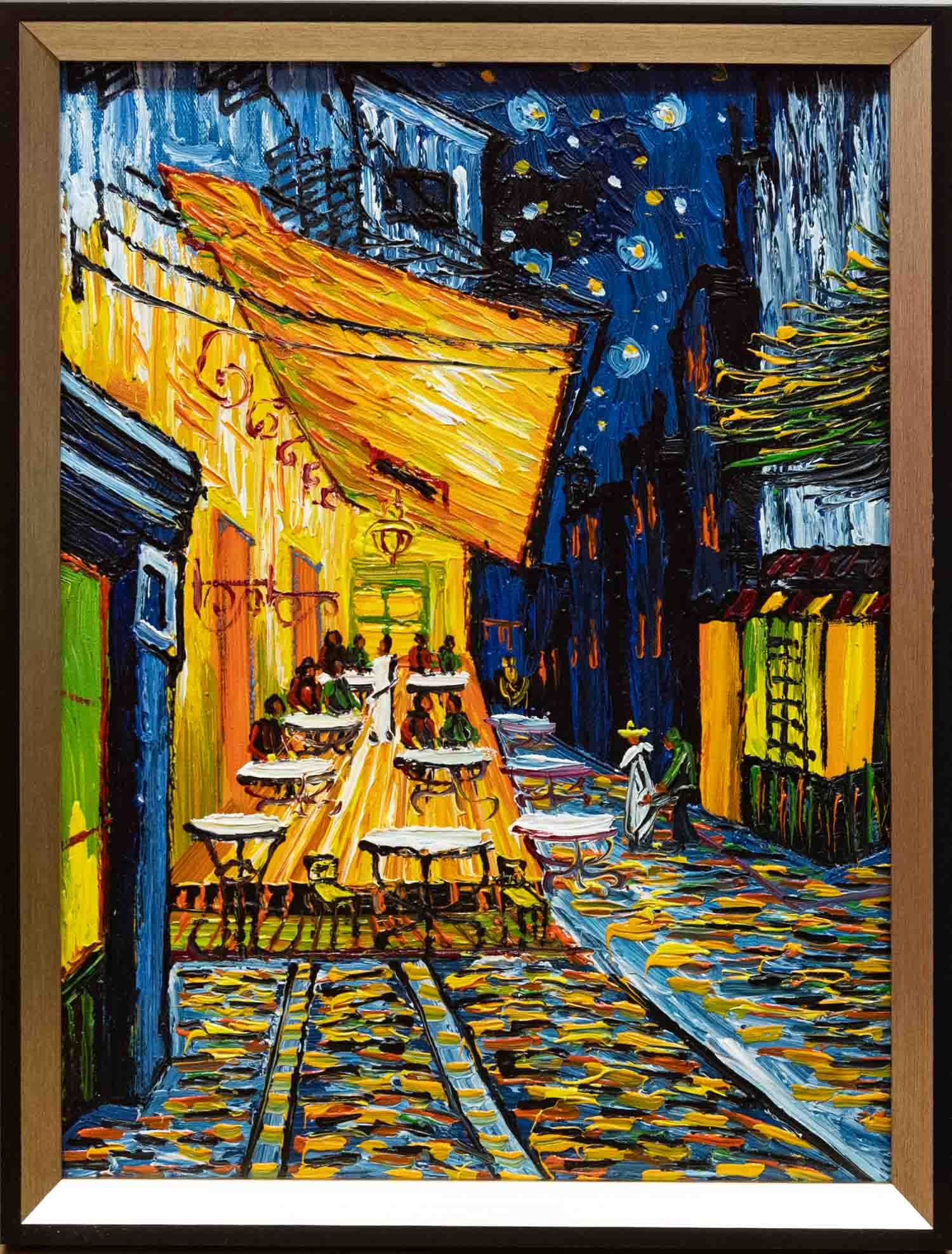 After Van Gogh Acrylic On Canvas "Cafe Terrace At Night": Title: Cafe Terrace At Night Medium: Acrylic On Canvas Size: 16 x 12 inches Frame: 17 x 13 inches Age: Condition: Great, hand painted, please check photo for condition reference Signature: Unsigned Gr