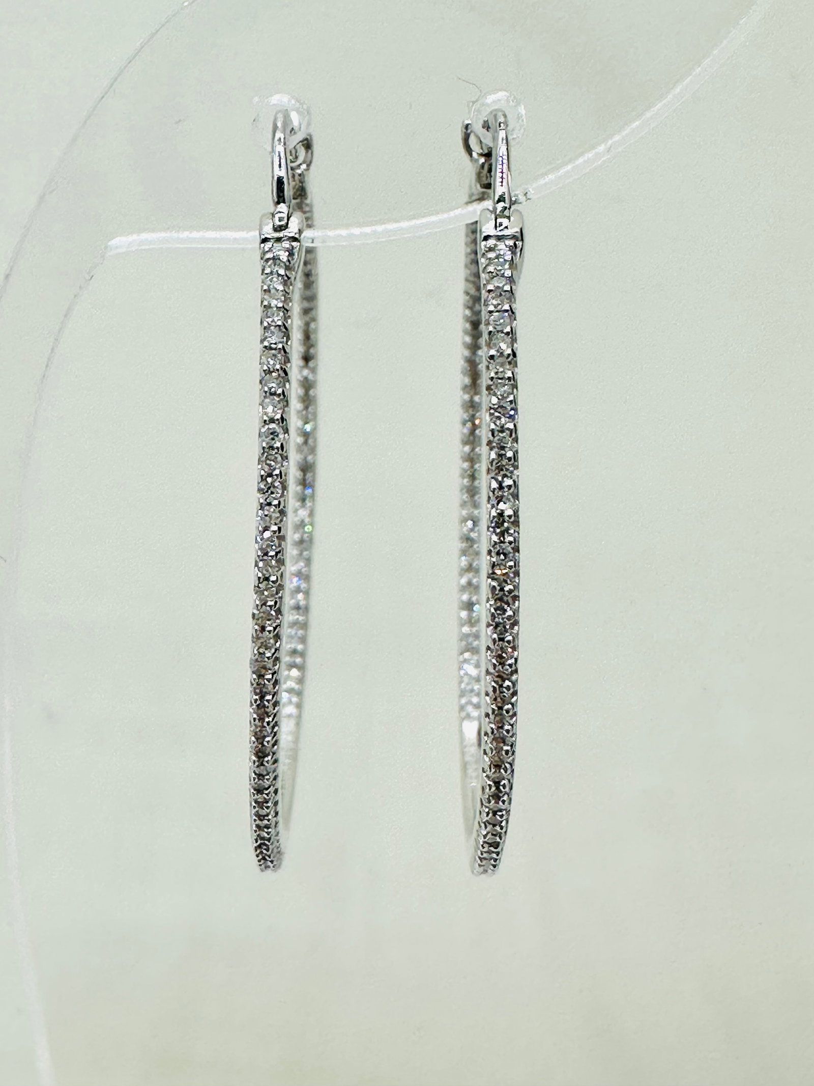 Pair of Natural Diamond in and out Hoop Earrings, 14KT White Gold # 2575 (1 of 3)