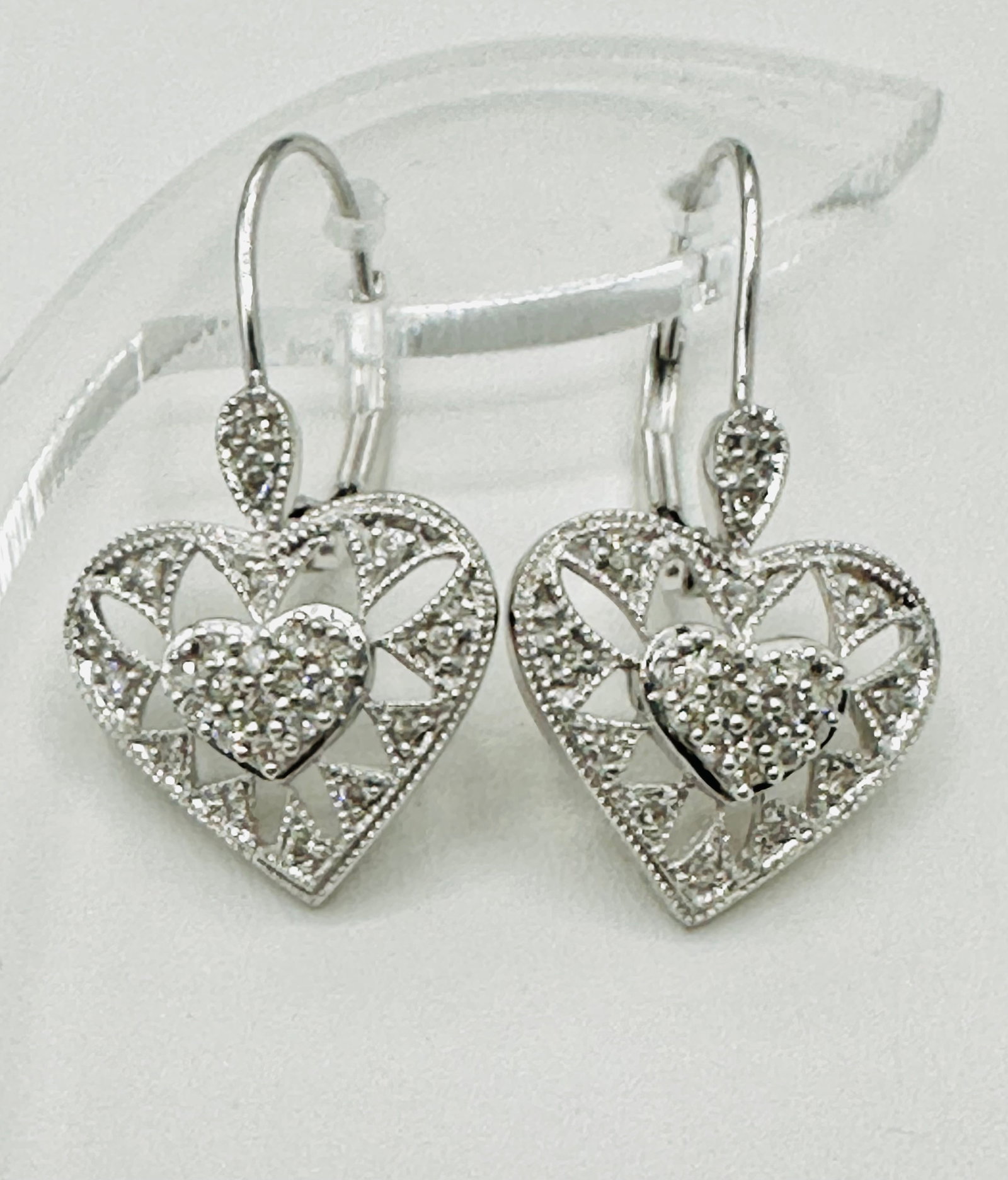 14KT White Gold,Pair of Natural Diamond Heart Earrings # 2696 (1 of 4)