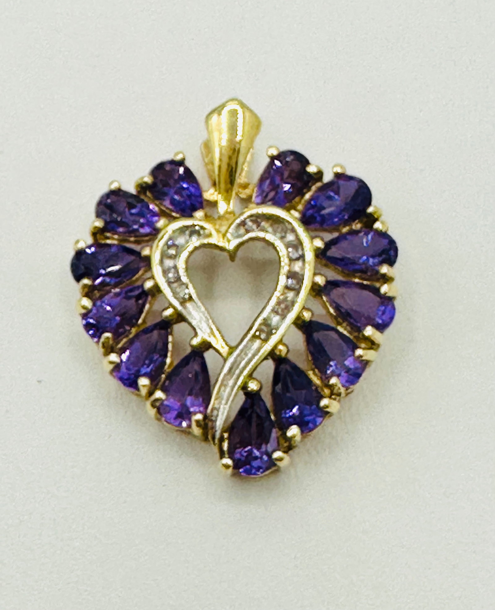 14KT Yellow Gold, Natural Diamond and Amethyst Heart Pendant # 2712 (1 of 4)