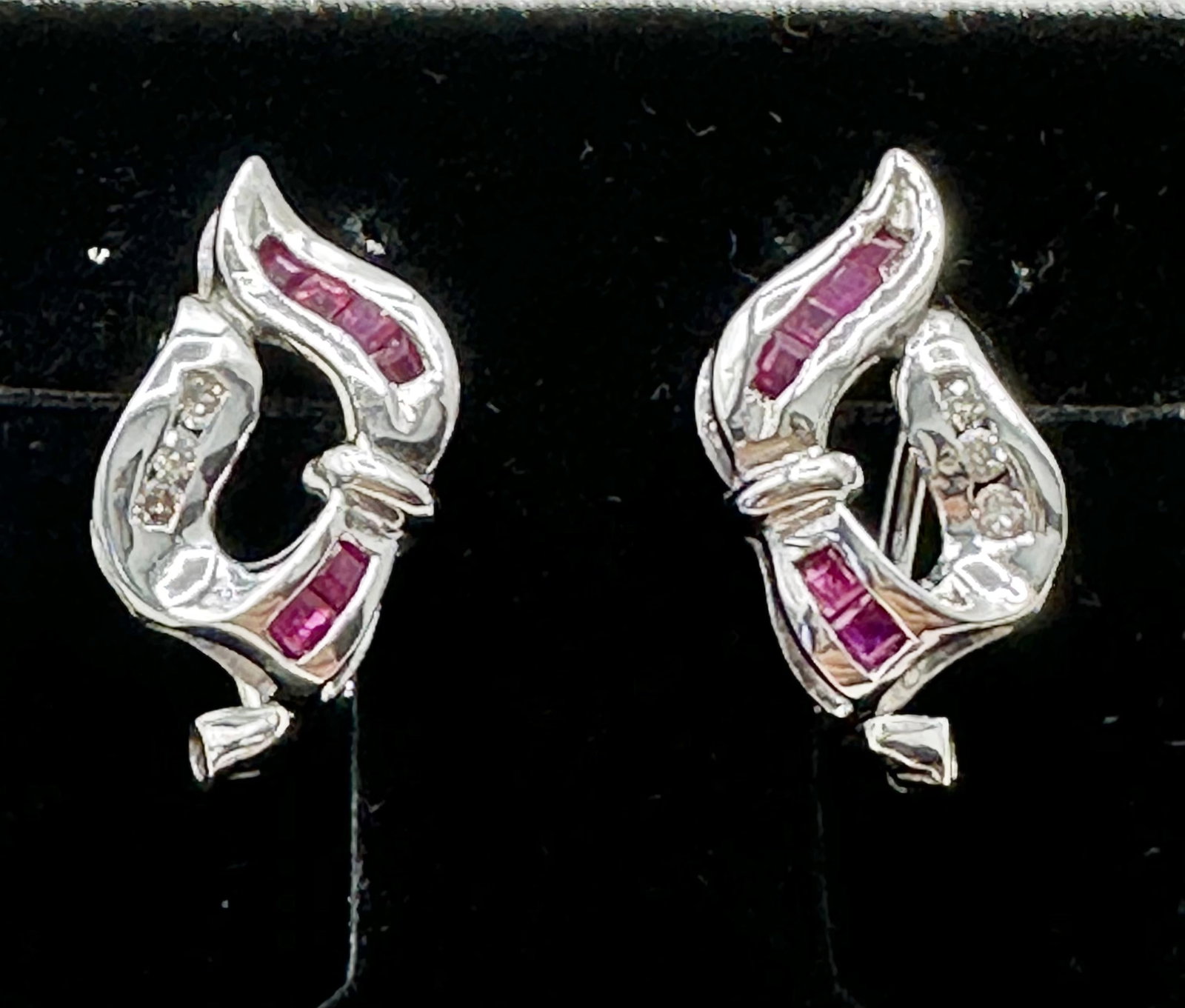 14KT White Gold Natural Princess Cut Ruby and Diamond Earrings - J11122 (1 of 3)