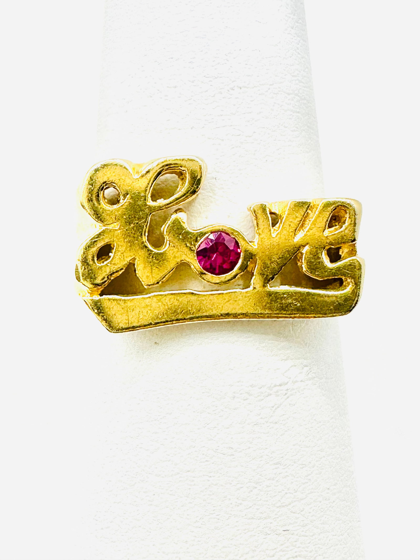14KT Gold “Love “ Ring, With One Red Stone Ring Size 6 - J11283 (1 of 3)