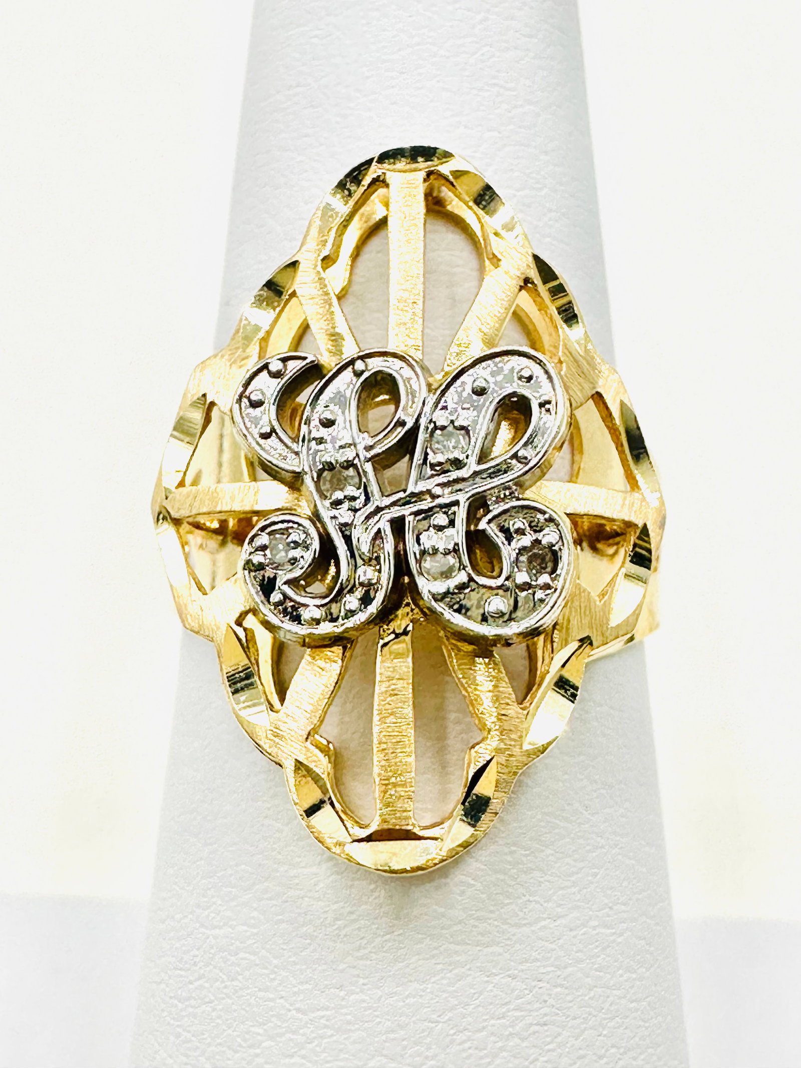 14KT Gold Initial “H??Fancy Ring, 2-Tone With Diamond Size 7 - J11287 (1 of 3)