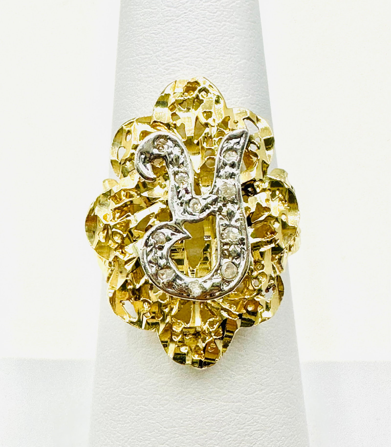 14KT Gold Initial “Y??Fancy Ring, 2-Tone With Diamond Size 6.5 - J11288 (1 of 3)