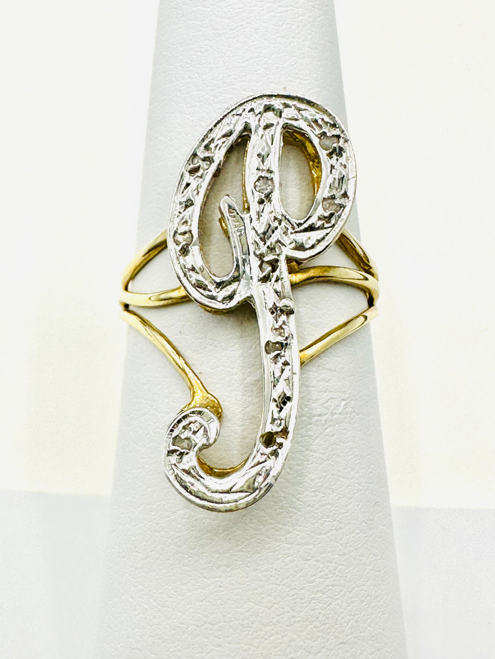 10KT Gold Initial “P??Ring, 2-Tone With Diamon Ring Size 6 - J11293 (1 of 3)