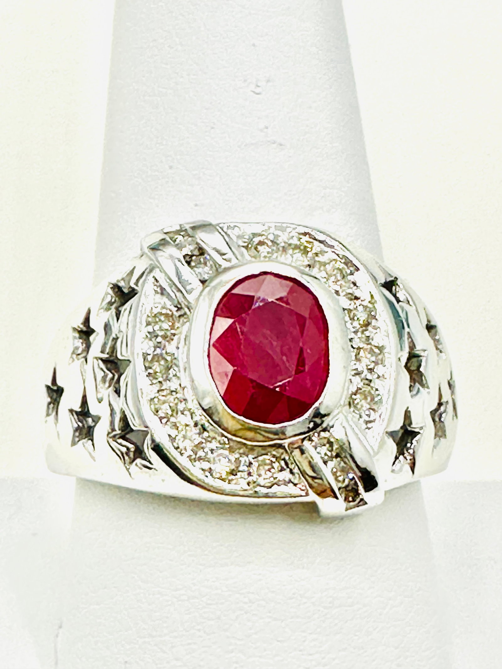 14KT White Gold Natural Ruby And Natural Diamond Men’s Ring Size 9.75 - J11409 (1 of 3)