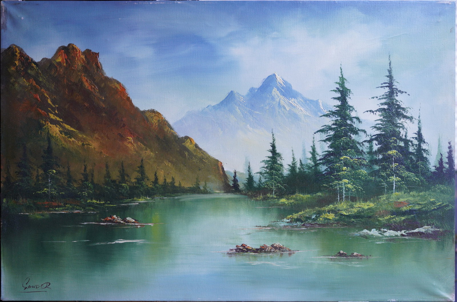 Mountain Landscape WIth Lake Oil on Canvas Painting (1 of 9)