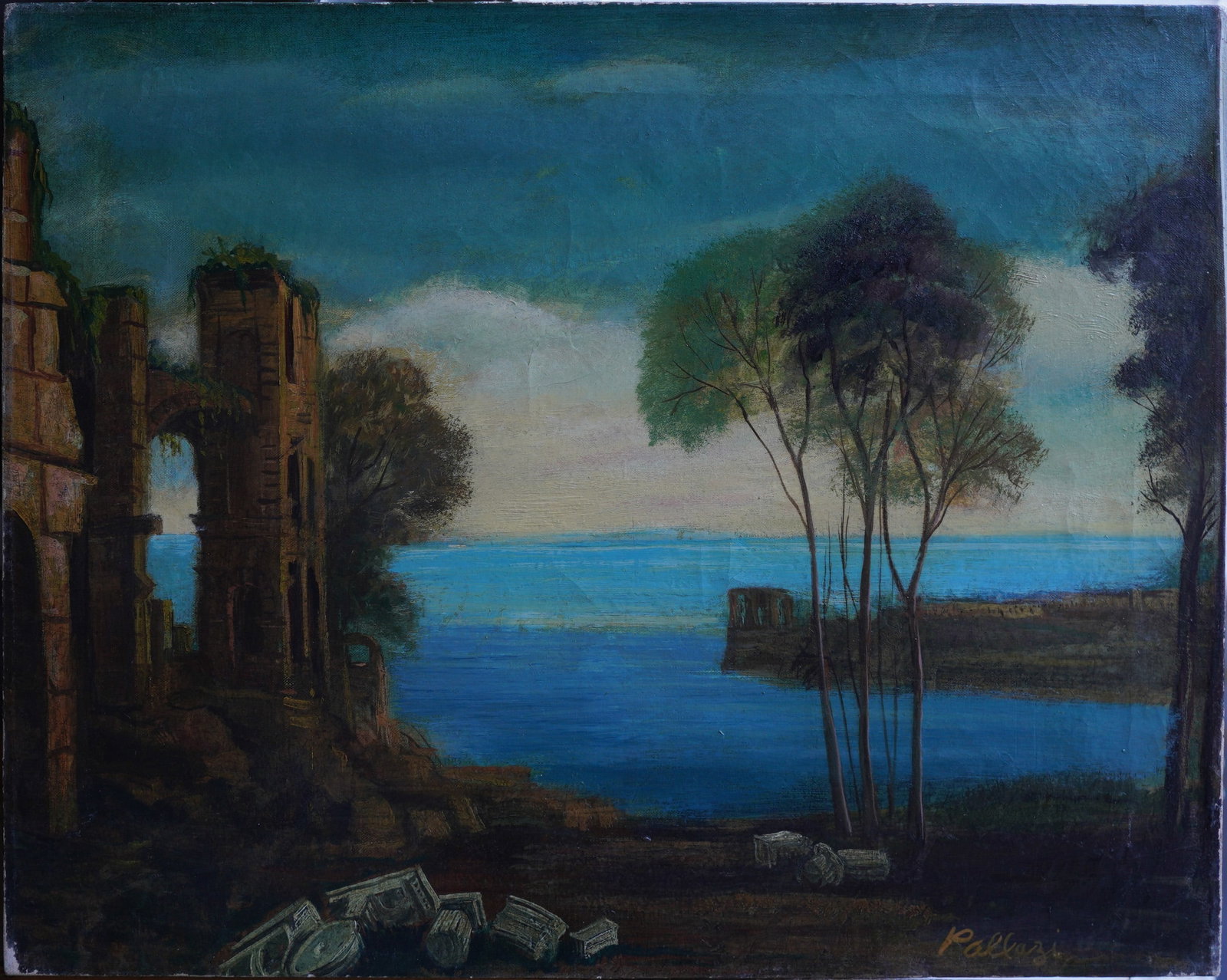Ruin Shore Scene Oil on Canvas Painting (1 of 8)