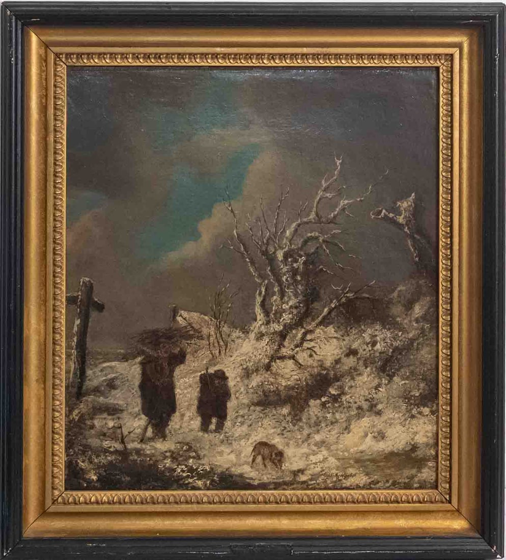 Antique Continental Oil On Canvas "Winter Hunt" (1 of 10)