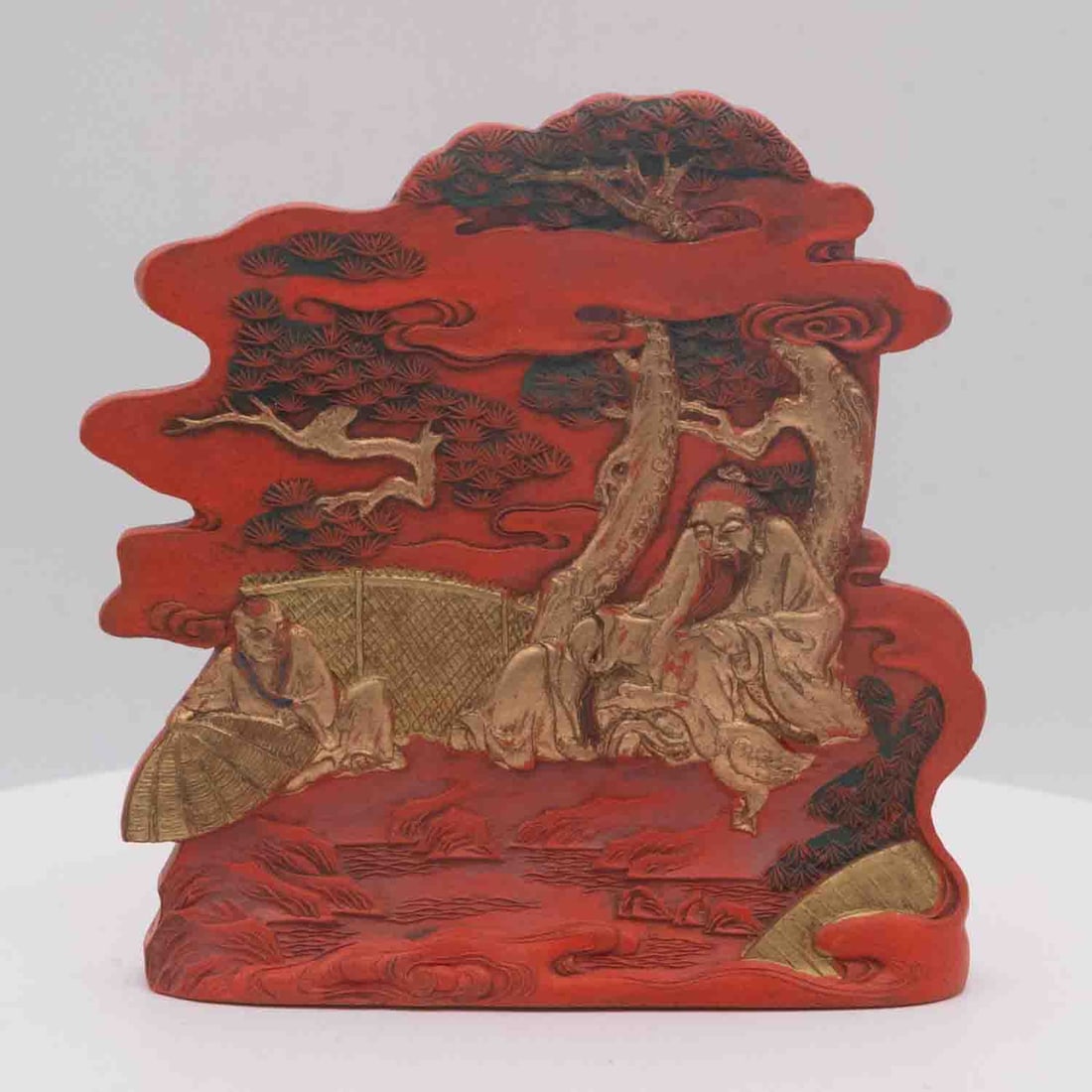 Old Chinese Qianlong Marked Red Cinnebar Lacquer Scholar Scene Plaque With Box (1 of 10)