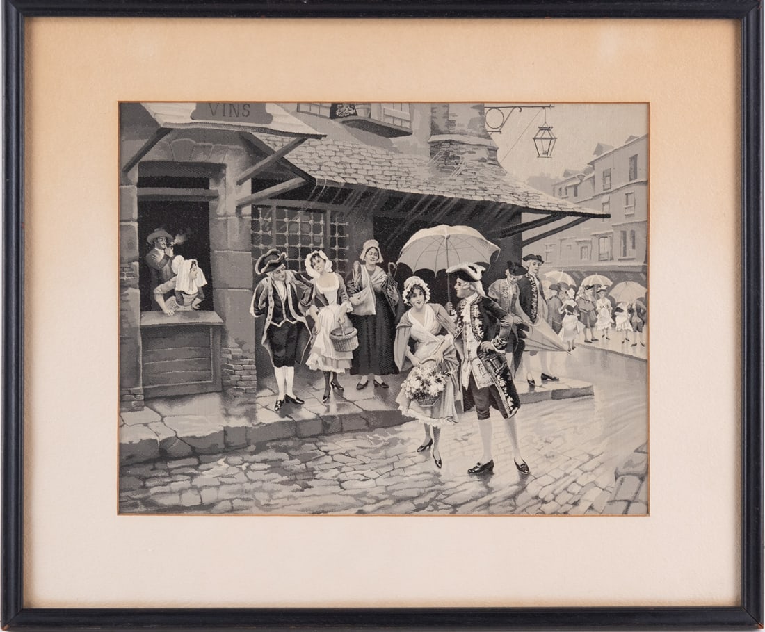 Early 20th Century French Embroidery On Fabric "Street Scene": Title: Street Scene Medium: Embroidery On Fabric Size: 10 x 12.5 inches Frame: 12.5 x 15 inches Age: Early 20th Century Condition: Great Overall All Signature: None Provenance: Combined shipping rate 