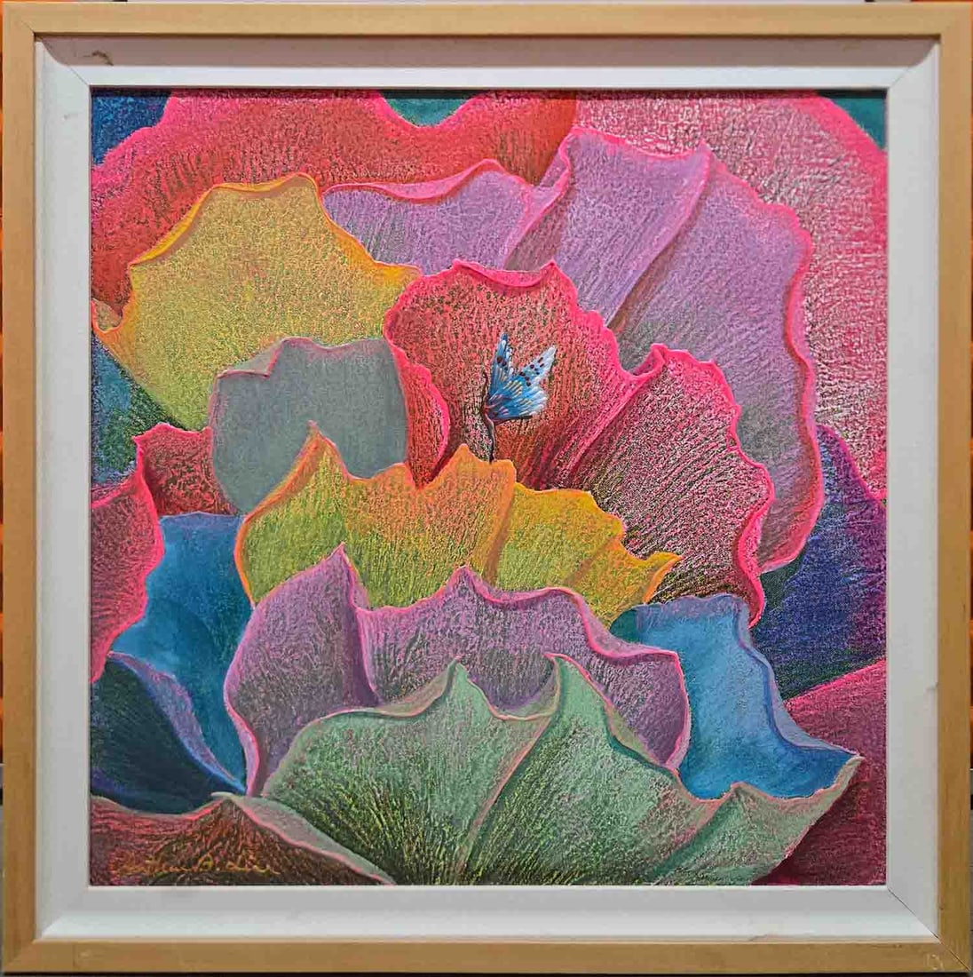 Vintage Modernist oil/gouache On canvas "Flower": Title: Flower Medium: oil/gouache On canvas Size: 24 x 24 inches Frame: 28 x 28 inches Age: Vintage Condition: Great, please check photo for condition reference Provenance: Estate in Tribeca Combined 