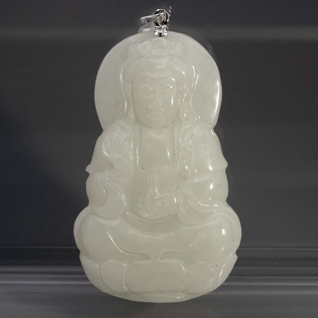 14k White Gold Latch Natural Nephrite Green Jade Guanyin Pendant: Medium: Natural Nephrite Green Jade Size: 2x1.3x0.3 inches Age/Detail: 14k White Gold Latch Condition: great overall, check photo for condition reference. Provenance: Collection from Estate in William