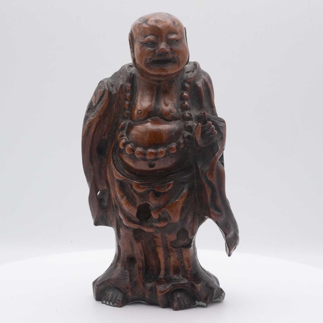 Antique Chinese Carved Wood Happy Buddha Sculpture: Medium: Wood Size: 5.5x3x2 inches Age/Detail: Antique Chinese Carved Condition: great overall, check photo for condition reference. Provenance: Collection from Estate in Tribecca LiveShipping is NOT a