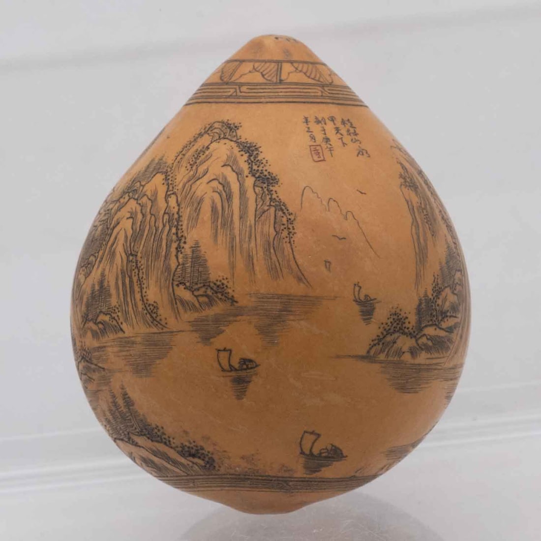 Old Chinese Pyrography Gourd With Landscape Scene: Medium: Gourd Size: 2.3x2x2 inches Age/Detail: Old Chinese Pyrography Condition: great overall, check photo for condition reference. Provenance: Collection from Estate in Williamsburg LiveShipping is 