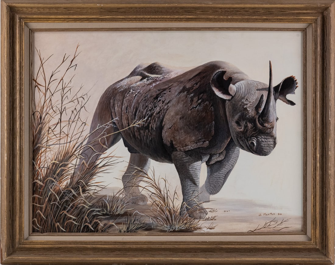 Vintage Realist Oil On masonite "Rhino": Title: Rhino Medium: Oil On masonite Size: 18 x 24 inches Frame: 23 x 29 inches Age: Vintage Condition: Great Overall All Signature: Signed Provenance: Collection From Glen Cove Combined shipping rate