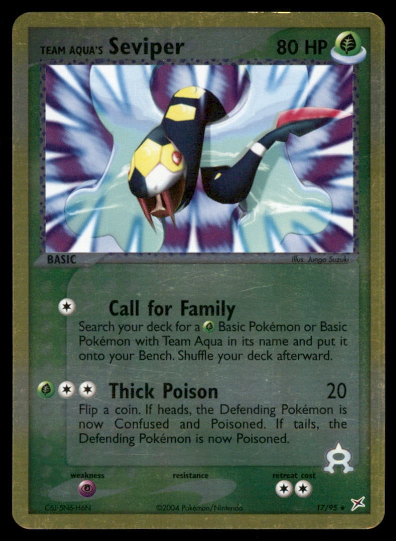 Team Aqua's Seviper 17/95 Team Magma vs Team Aqua Pokemon Card Reverse Holo: We offer combined shipping on multiple items. Buyers may also arrange their own shipping. LiveShipping is a separate and independent option for shipping that is NOT a part of the auction house or thei