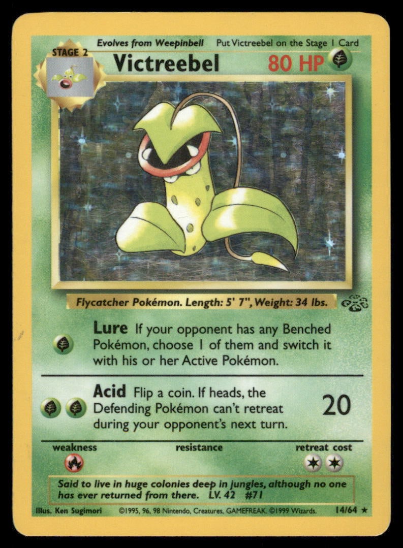 Victreebel 14/64 Holo Jungle Pokemon Card: Condition of cards varies from NM - DMG. BINDER PAGES NOT INCLUDED.We offer combined shipping on multiple items. Buyers may also arrange their own shipping. LiveShipping is a separate and independent 