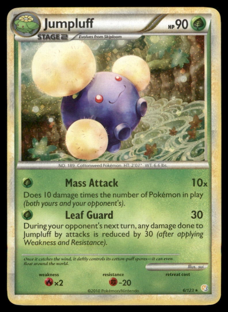Jumpluff 6/123 Holo HeartGold & SoulSilver Pokemon Card: Condition of cards varies from NM - DMG. BINDER PAGES NOT INCLUDED.We offer combined shipping on multiple items. Buyers may also arrange their own shipping. LiveShipping is a separate and independent 