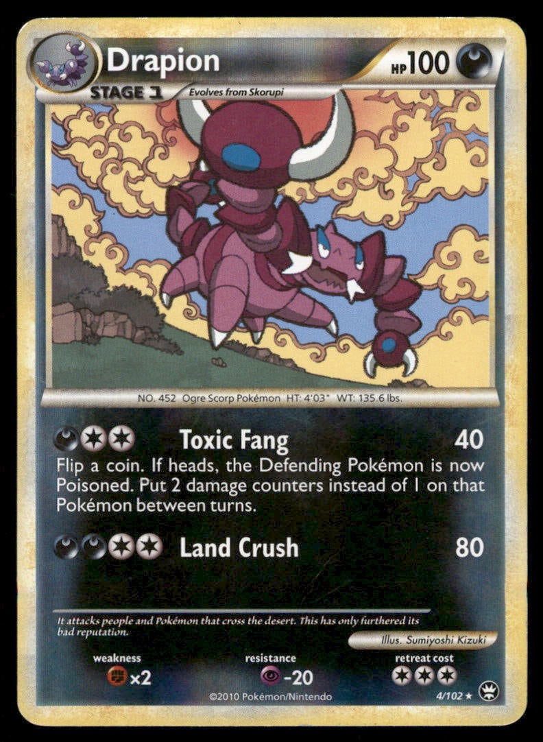 Drapion 4/102 Holo HGSS Triumphant Pokemon Card Reverse Holo: We offer combined shipping on multiple items. Buyers may also arrange their own shipping. LiveShipping is a separate and independent option for shipping that is NOT a part of the auction house or thei