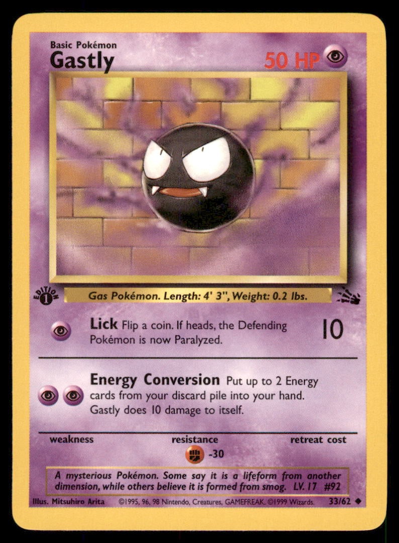 Gastly 33/62 Fossil Pokemon Card 1st Edition: We offer combined shipping on multiple items. Buyers may also arrange their own shipping. LiveShipping is a separate and independent option for shipping that is NOT a part of the auction house or thei