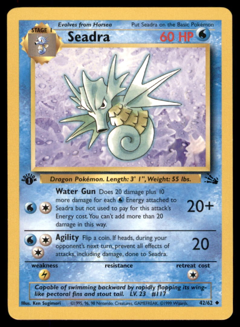 Seadra 42/62 Fossil Pokemon Card 1st Edition: We offer combined shipping on multiple items. Buyers may also arrange their own shipping. LiveShipping is a separate and independent option for shipping that is NOT a part of the auction house or thei