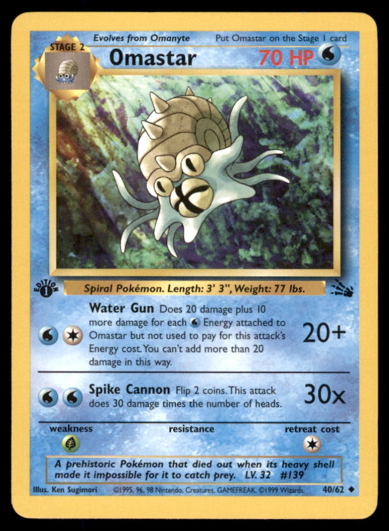 Omastar 40/62 Fossil Pokemon Card 1st Edition: We offer combined shipping on multiple items. Buyers may also arrange their own shipping. LiveShipping is a separate and independent option for shipping that is NOT a part of the auction house or thei