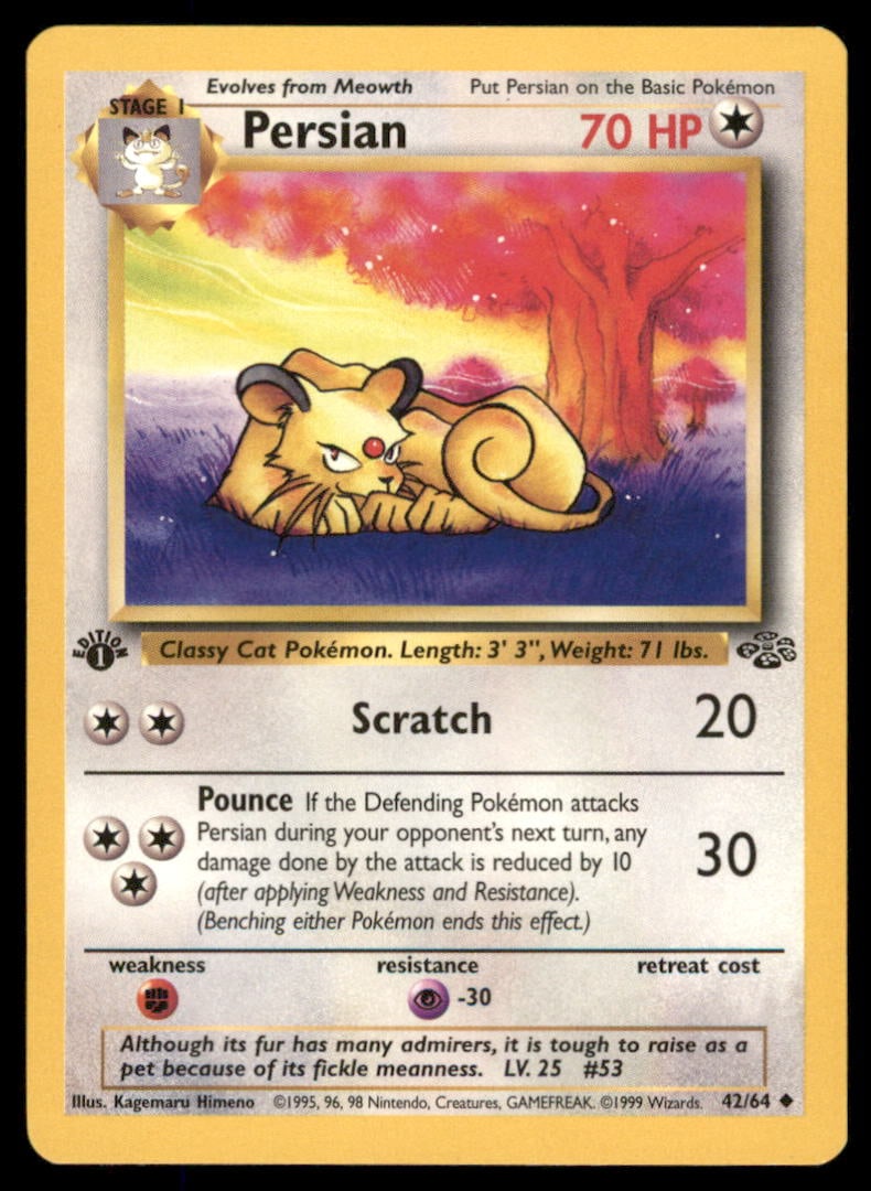 Persian 42/64 Jungle Pokemon Card 1st Edition: We offer combined shipping on multiple items. Buyers may also arrange their own shipping. LiveShipping is a separate and independent option for shipping that is NOT a part of the auction house or thei