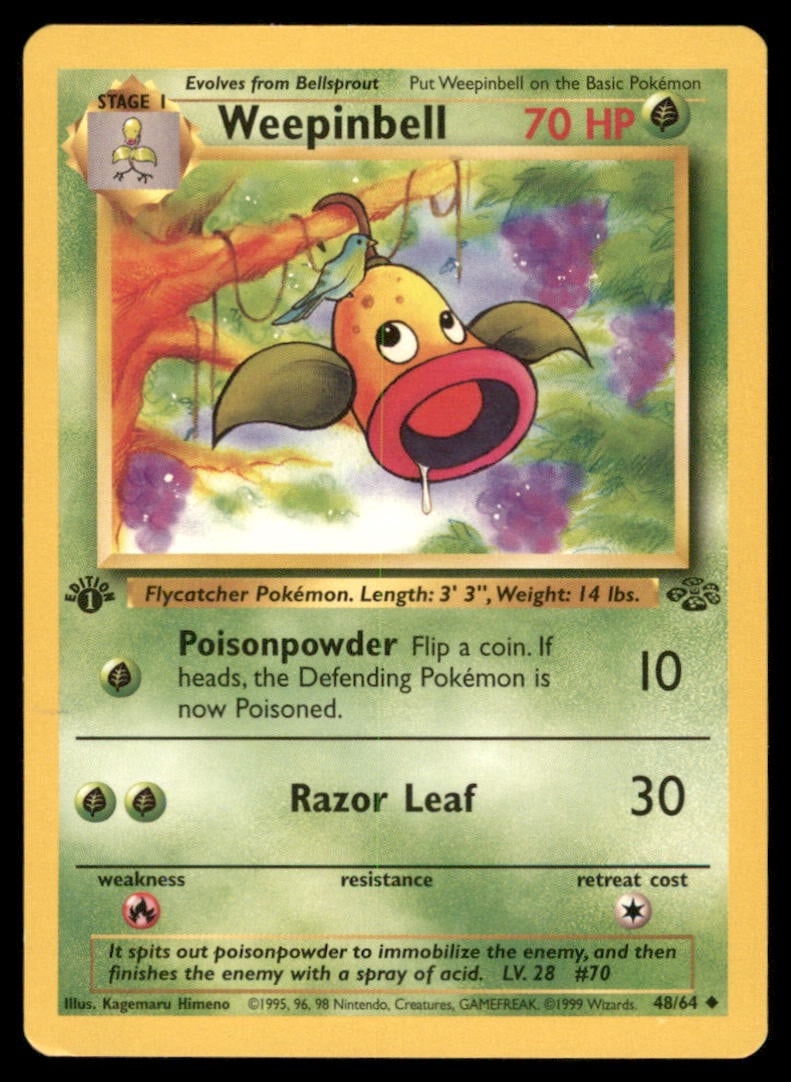 Weepinbell 48/64 Jungle Pokemon Card 1st Edition: We offer combined shipping on multiple items. Buyers may also arrange their own shipping. LiveShipping is a separate and independent option for shipping that is NOT a part of the auction house or thei