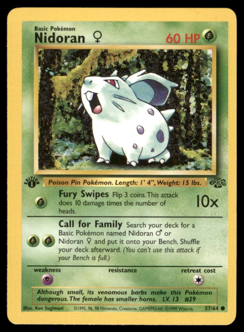 Nidoran F 57/64 Jungle Pokemon Card 1st Edition: We offer combined shipping on multiple items. Buyers may also arrange their own shipping. LiveShipping is a separate and independent option for shipping that is NOT a part of the auction house or thei