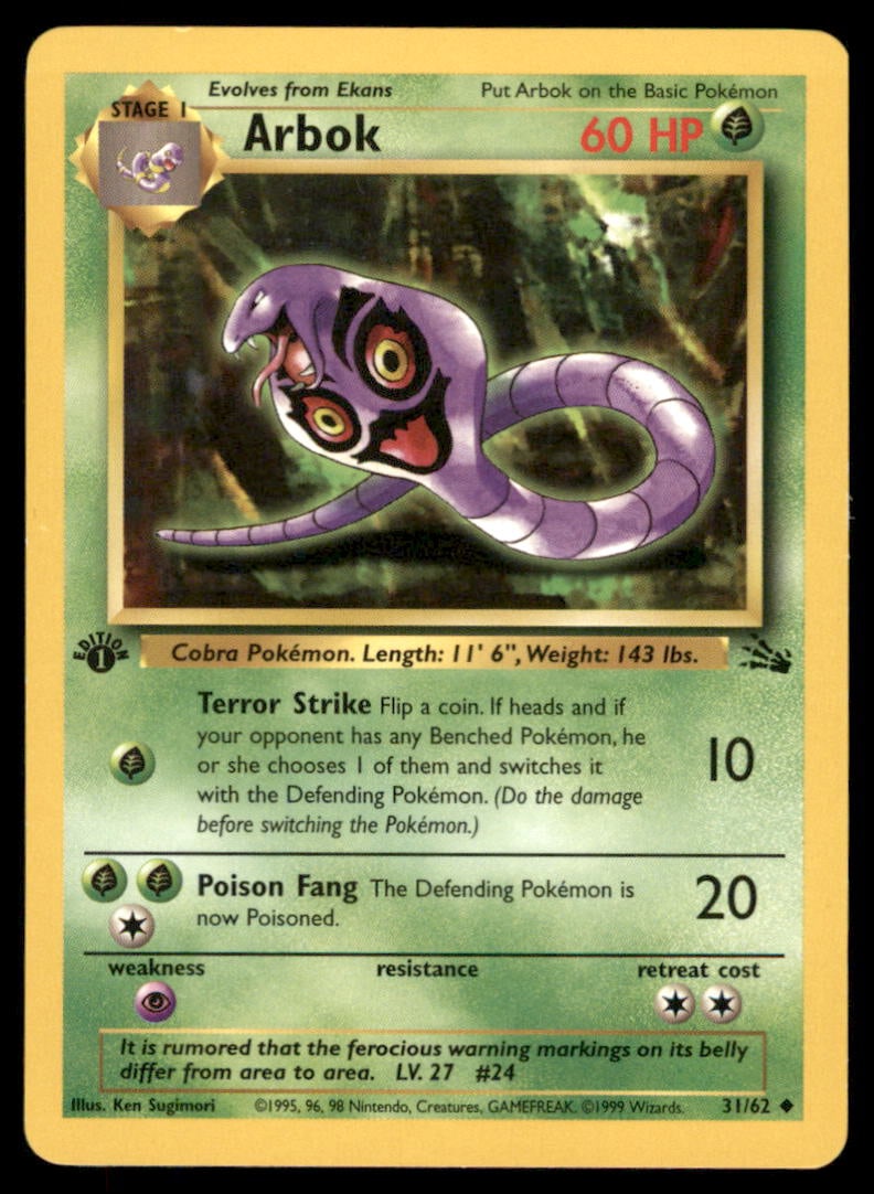 Arbok 31/62 Fossil Pokemon Card 1st Edition: We offer combined shipping on multiple items. Buyers may also arrange their own shipping. LiveShipping is a separate and independent option for shipping that is NOT a part of the auction house or thei