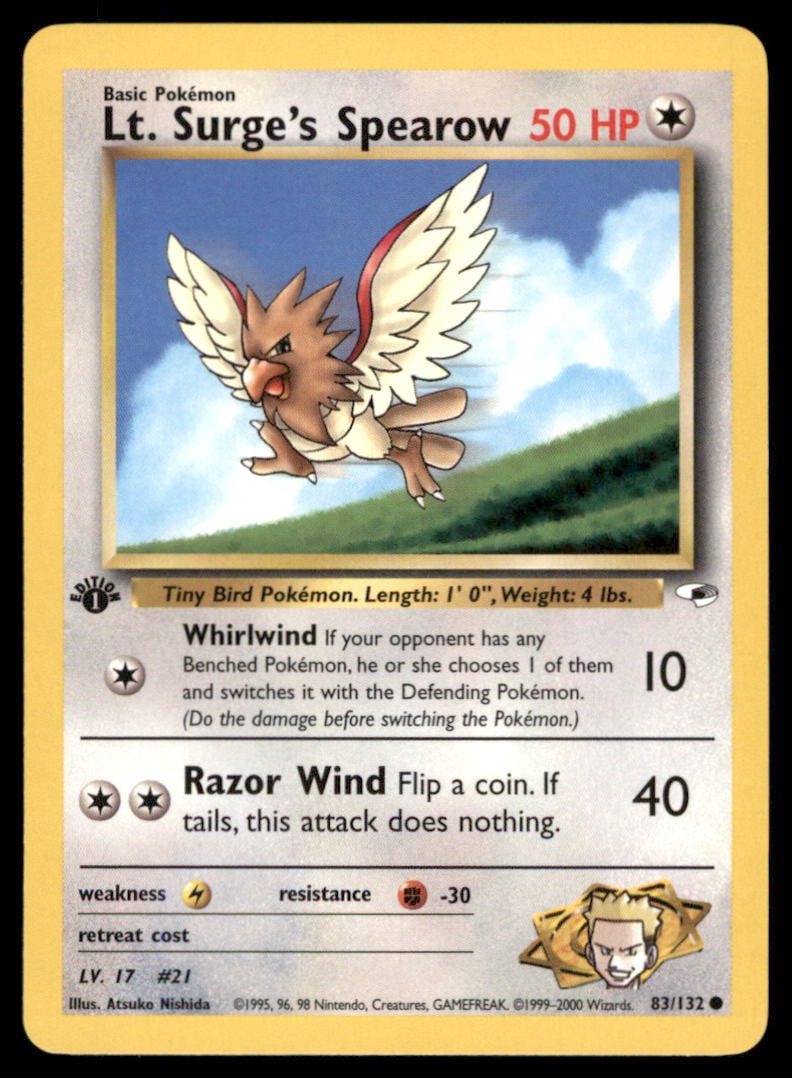 Lt. Surge's Spearow 83/132 Gym Heroes Pokemon Card 1st Edition: We offer combined shipping on multiple items. Buyers may also arrange their own shipping. LiveShipping is a separate and independent option for shipping that is NOT a part of the auction house or thei