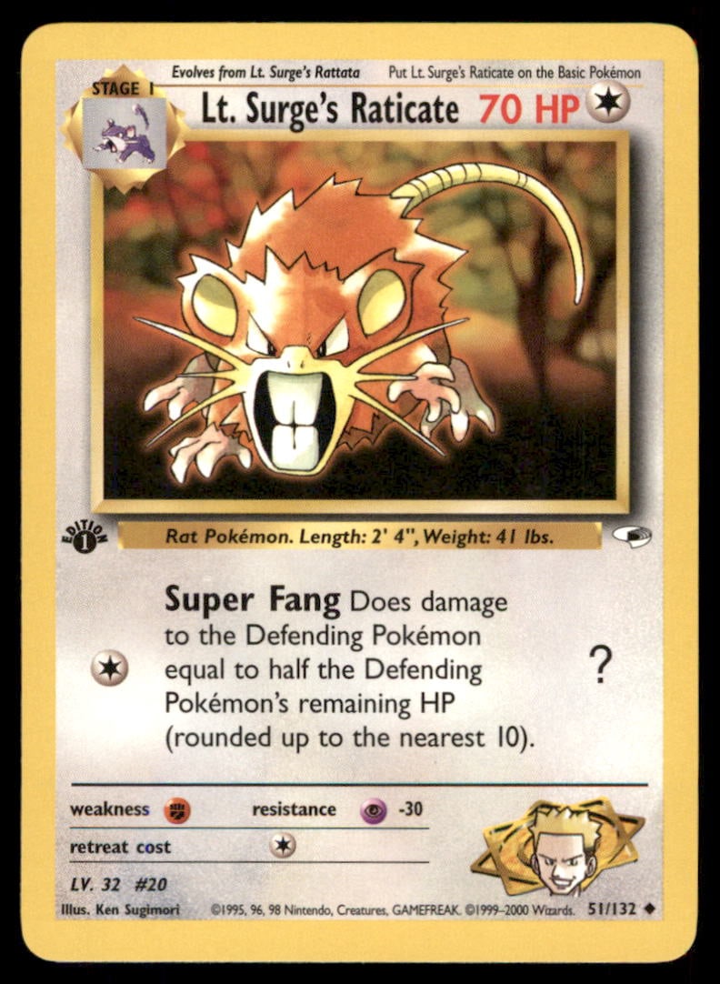 Lt. Surge's Raticate 51/132 Gym Heroes Pokemon Card 1st Edition: We offer combined shipping on multiple items. Buyers may also arrange their own shipping. LiveShipping is a separate and independent option for shipping that is NOT a part of the auction house or thei