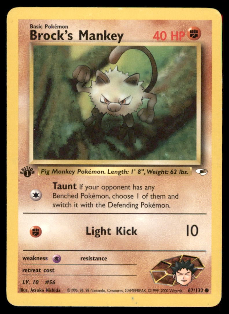 Brock's Mankey 67/132 Gym Heroes Pokemon Card 1st Edition: We offer combined shipping on multiple items. Buyers may also arrange their own shipping. LiveShipping is a separate and independent option for shipping that is NOT a part of the auction house or thei