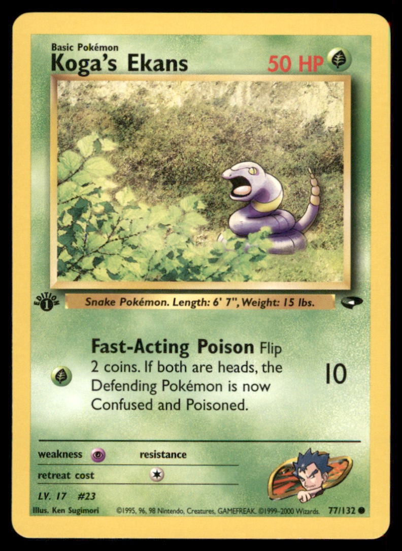 Koga's Ekans 77/132 Gym Challenge Pokemon Card 1st Edition: We offer combined shipping on multiple items. Buyers may also arrange their own shipping. LiveShipping is a separate and independent option for shipping that is NOT a part of the auction house or thei