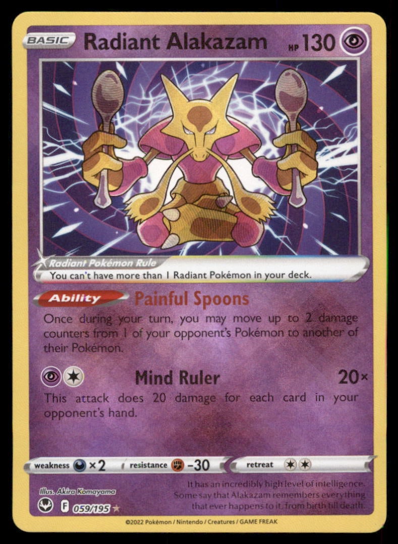 Radiant Alakazam 059/195 Silver Tempest Pokemon Card: We offer combined shipping on multiple items. Buyers may also arrange their own shipping. LiveShipping is a separate and independent option for shipping that is NOT a part of the auction house or thei