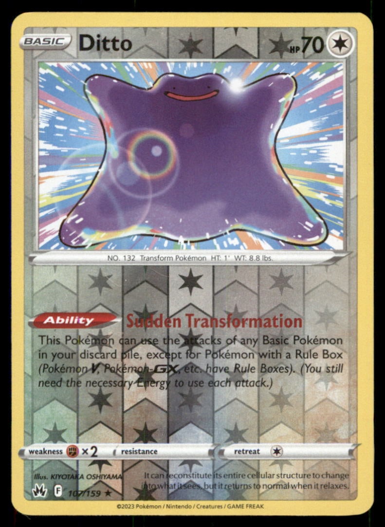 Ditto 107/159 Holo Crown Zenith Pokemon Card Reverse Holo: We offer combined shipping on multiple items. Buyers may also arrange their own shipping. LiveShipping is a separate and independent option for shipping that is NOT a part of the auction house or thei