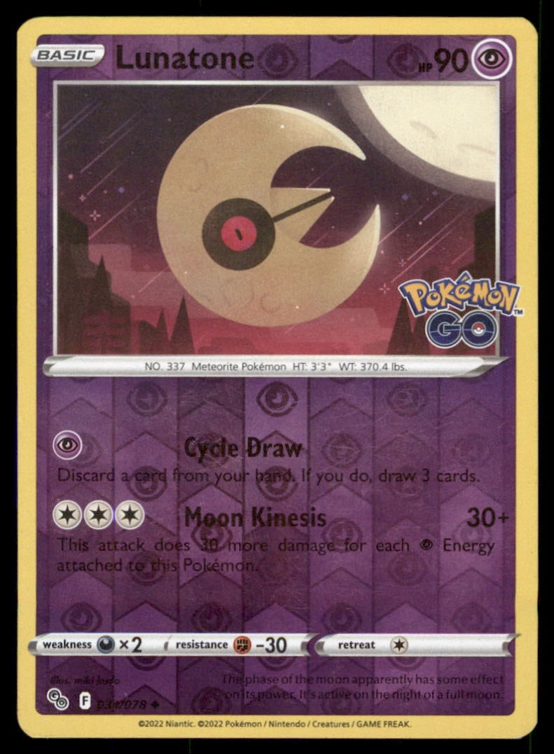 Lunatone 034/078 Pokemon GO Pokemon Card Reverse Holo: We offer combined shipping on multiple items. Buyers may also arrange their own shipping. LiveShipping is a separate and independent option for shipping that is NOT a part of the auction house or thei