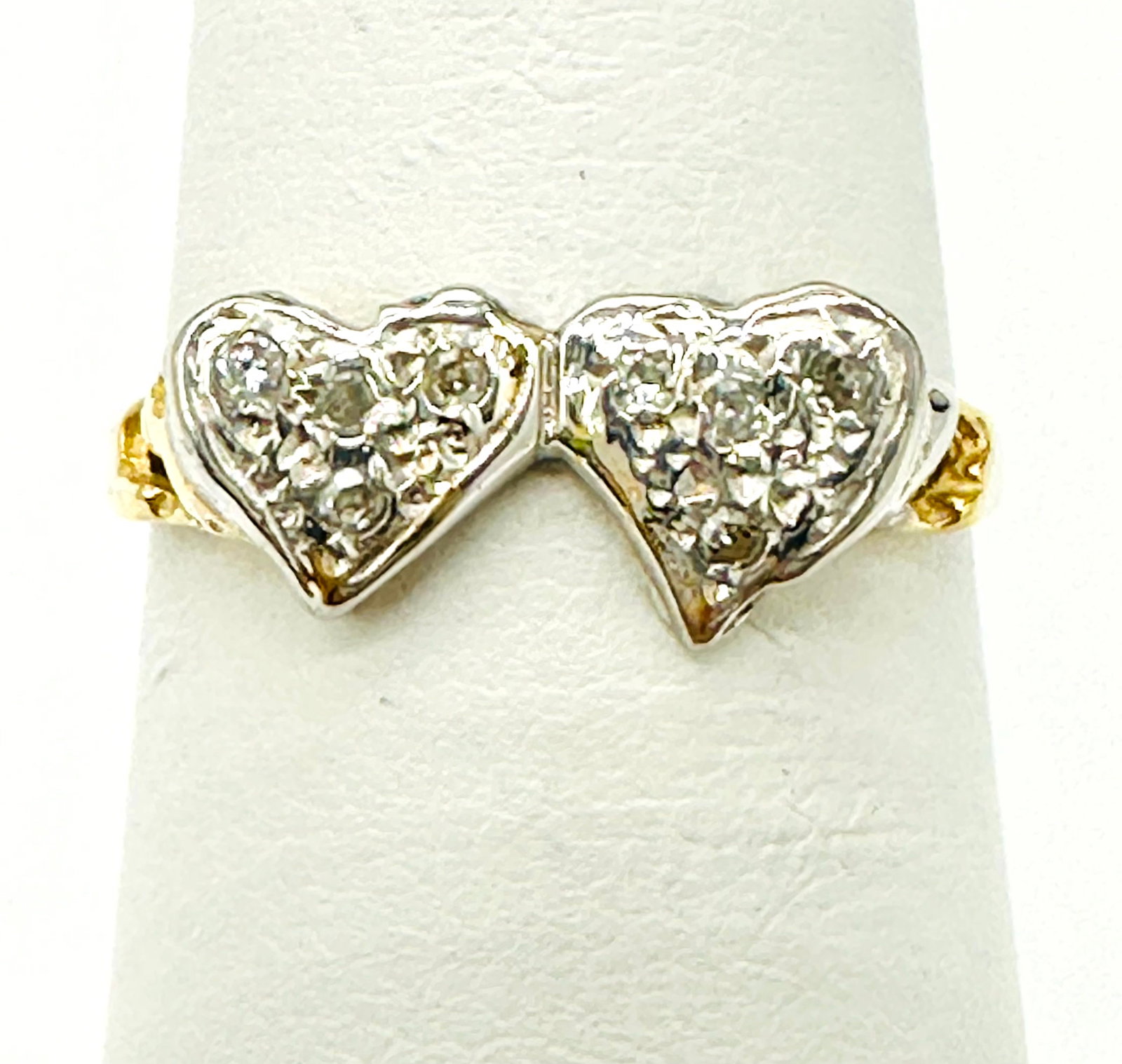 Natural Diamond Double Heart Ring, 14KT Yellow Gold # 2263: # 2263 Natural Diamond Double Heart Ring, 14KT Yellow Gold 8 pieces diamond 0.07 carat (t.w.) Ring Weight: 1.40 Grams Ring Size 6