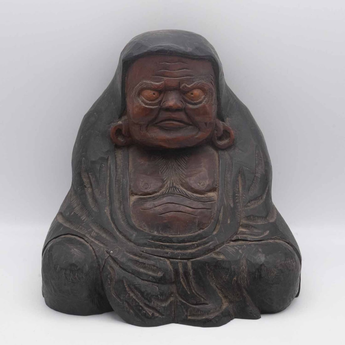 Antique Japanese Carved Wood Daruma Sculpture: Medium: Wood Size: 7.5x8.3x8 inches Age/Detail: Antique Japanese Carved Condition: great overall, check photo for condition reference. Provenance: Collection from Estate in Williamsburg LiveShipping i