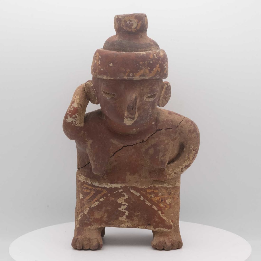 Antique Pre Columbian Stirrup Spout Pottery Porter Load Carrier Figure: Medium: Stirrup Spout Pottery Size: 9x5x5 inches Age/Detail: Antique Pre Columbian Condition: crackers, repair and broken parts , check photo for condition reference. Provenance: Collection from Estat