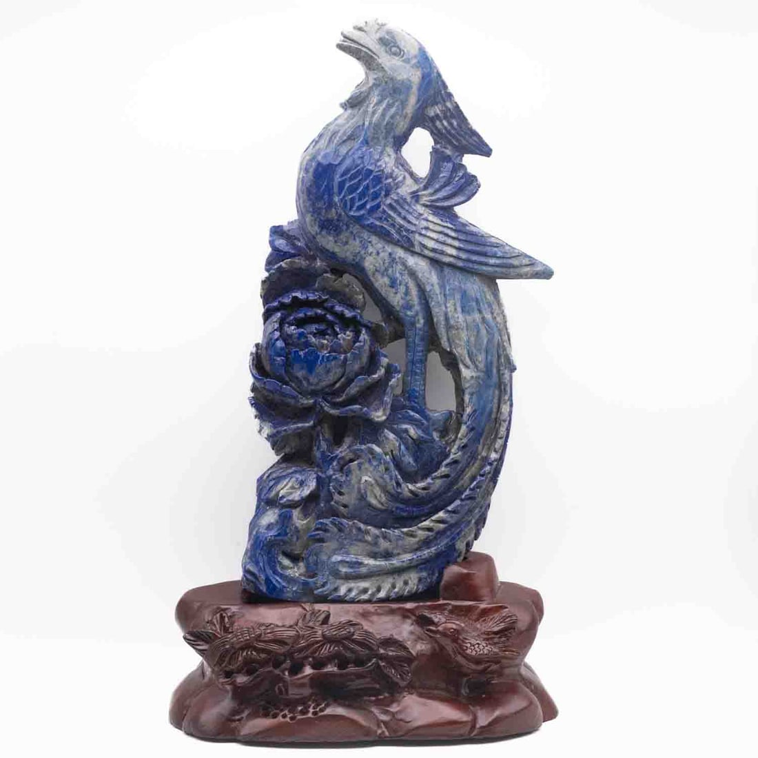 Large Chinese Carved Lapis Lazuli Phoenix And Flower Sculpture With Stand: Medium: Lapis Lazuli Size: 8.6x6x16 inches Age/Detail: Large Chinese Carved Condition: great overall, check photo for condition reference. Provenance: Collection from Estate in Williamsburg LiveShippi