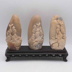 Chinese Carved Shoushan Stone Three Deity Sculptures