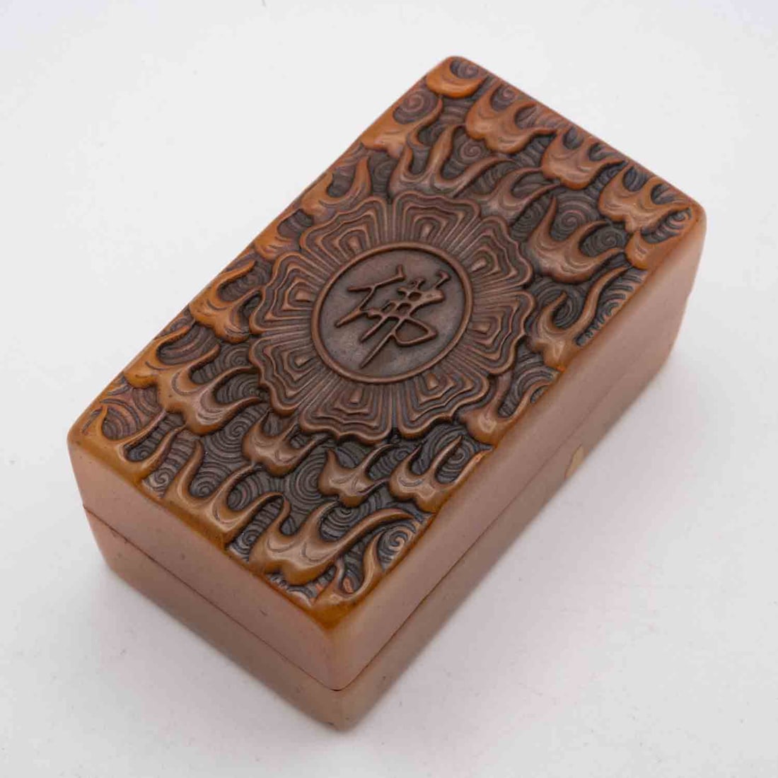 Old Chinese Carved Shoushan Stone Buddhist Seal Stamp Intricate Box Style: Medium: Shoushan Stone Size: 3x1.7x1.5 inches Age/Detail: Old Chinese Carved Condition: great overall, check photo for condition reference. Provenance: Collection from Estate in Tribecca LiveShipping 