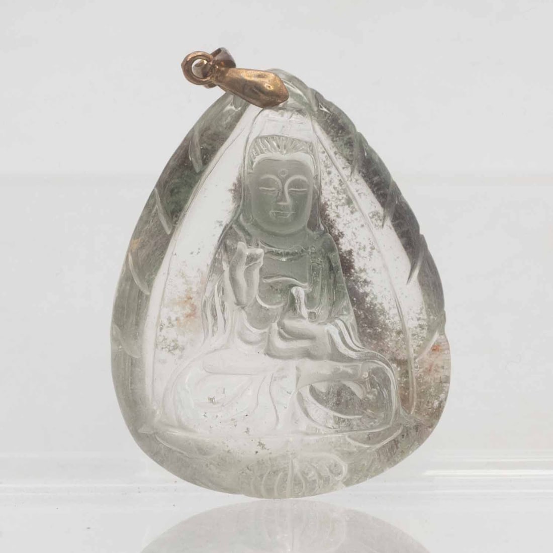 Natural Crystal Quartz Guanyin Pendant: Medium: Crystal Quartz Size: 2x1.5x0.8 inches Age/Detail: Natural Condition: great overall, check photo for condition reference. Provenance: Collection from Estate in Williamsburg LiveShipping is NOT 